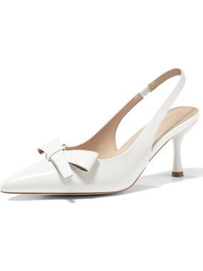 Women's White Slingback Kitten Heels Bow Closed Pointed Toe Pumps Slip on Shoes